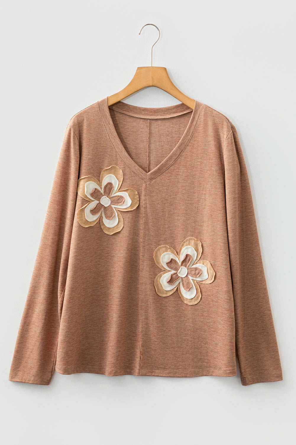 Straw Yellow Floral Patchwork V Neck Long Sleeve T Shirt Dear-Lover Dropshipping